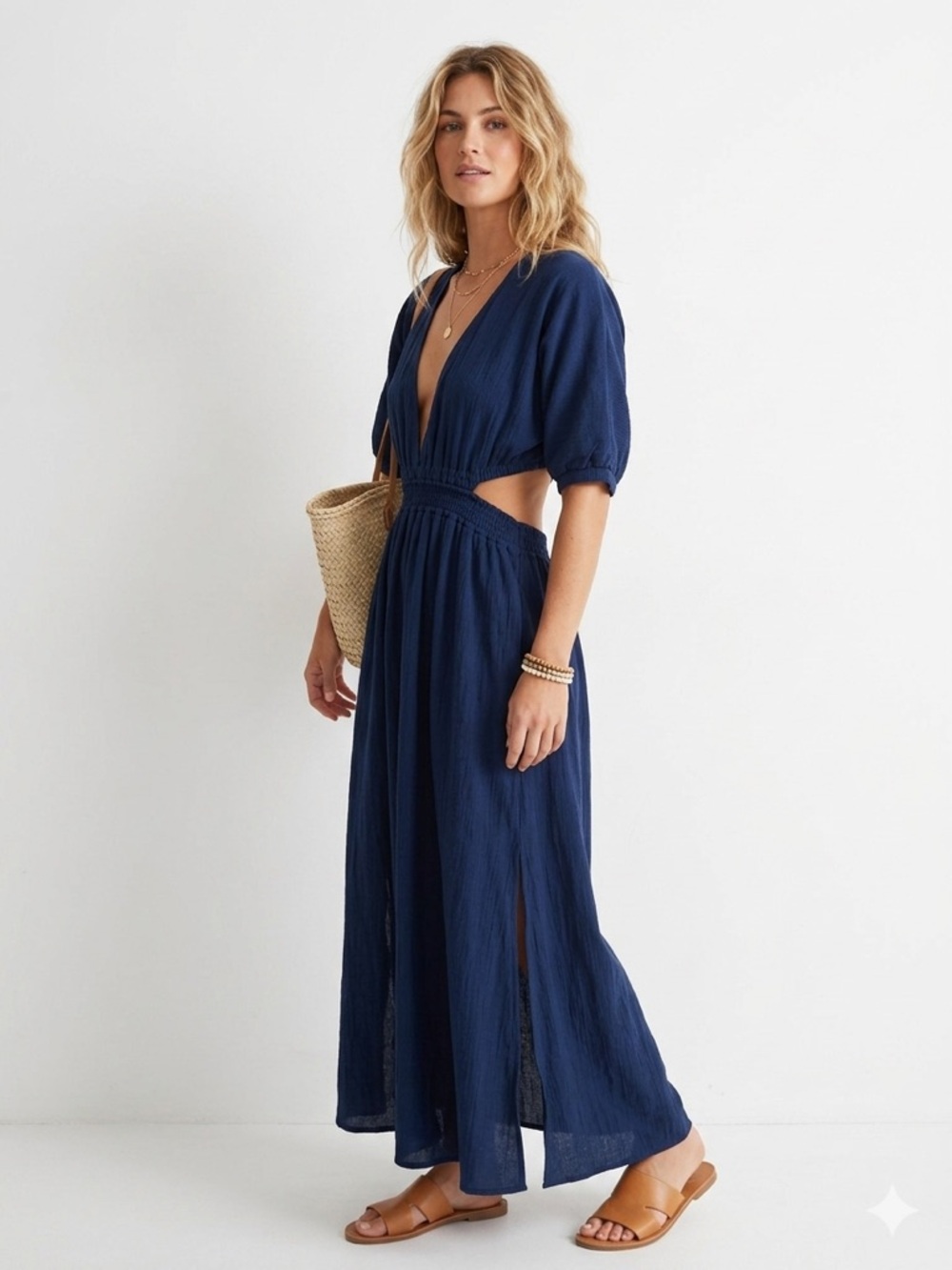 Rue Stiic Zion Navy Linen Maxi Dress S Boho Cutout Puff Sleeve Open Back